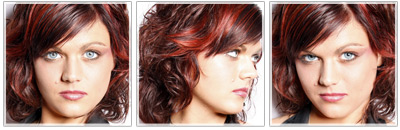 Brown mid-length hair with red highlights